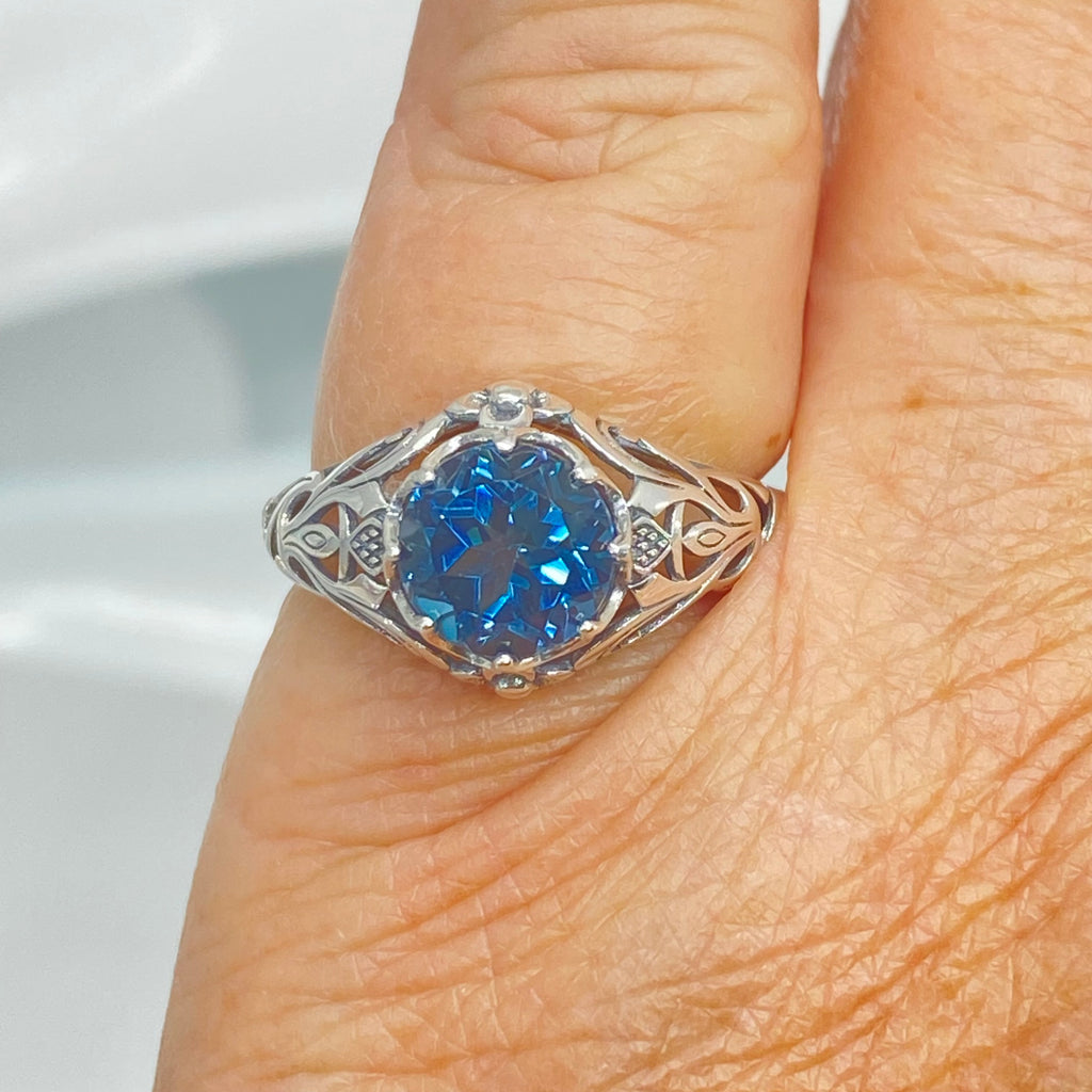 Natural London Blue Topaz Ring, Daisy style, Sterling Silver Filigree, Vintage Antique Jewelry, Silver Embrace Jewelry, D66