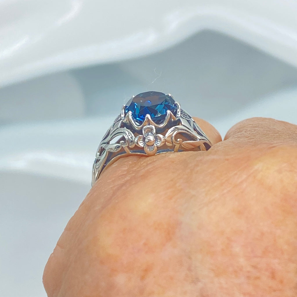 Natural London Blue Topaz Ring, Daisy style, Sterling Silver Filigree, Vintage Antique Jewelry, Silver Embrace Jewelry, D66