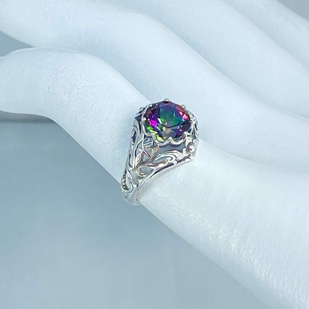 Natural Mystic Topaz Ring, Daisy Design, Sterling silver Art Nouveau Ring, D66, Silver Embrace Jewelry