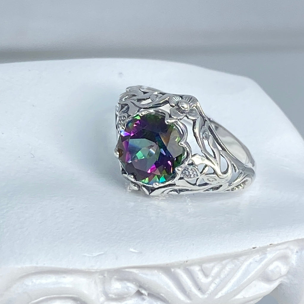 Natural Mystic Topaz Ring, Daisy Design, Sterling silver Art Nouveau Ring, D66, Silver Embrace Jewelry