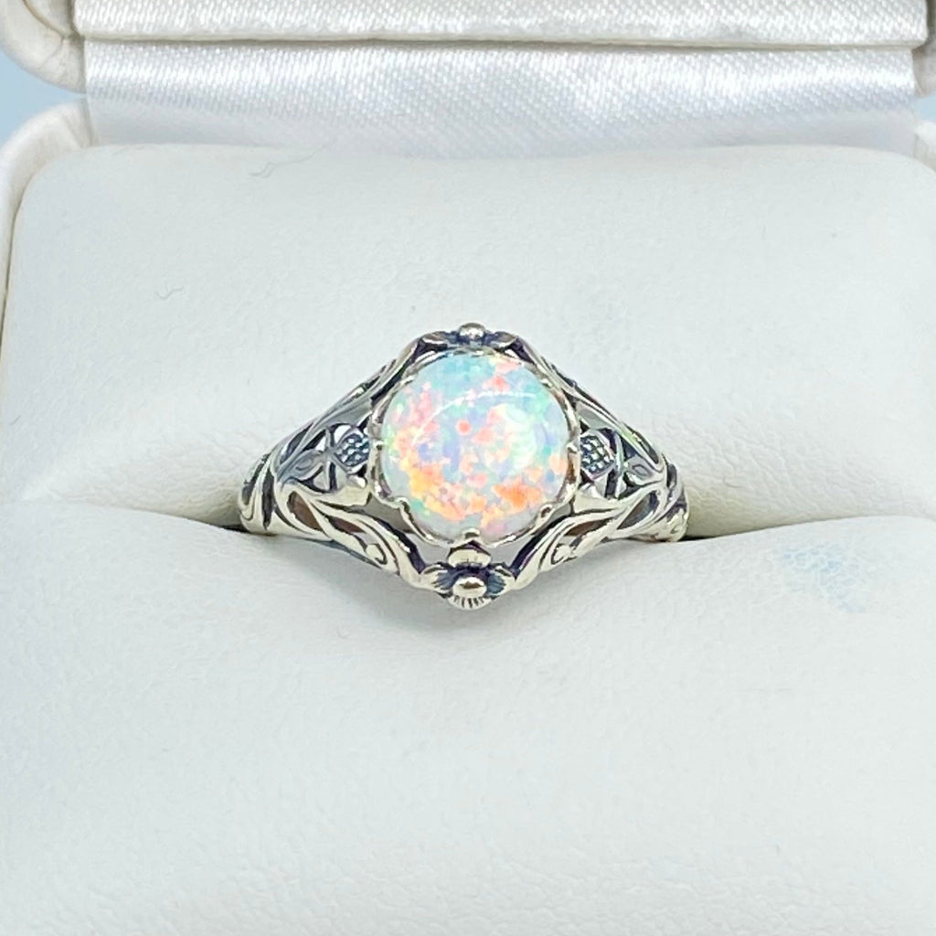 Opal ring, sterling silver floral filigree, daisy design #D66