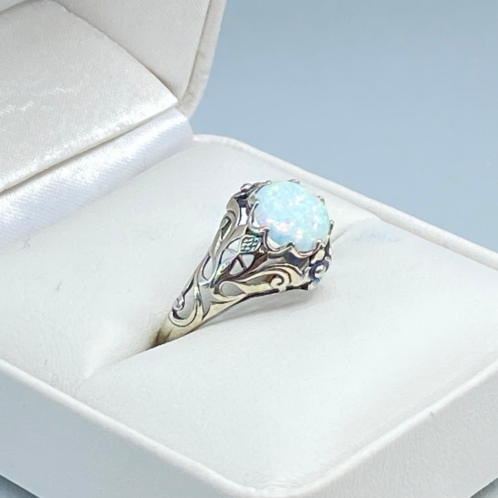 Opal ring, sterling silver floral filigree, daisy design #D66