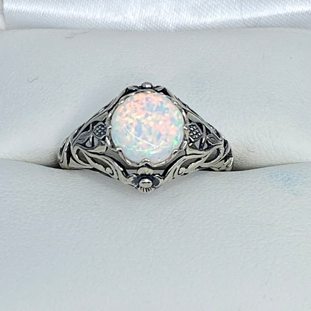 Opal ring, sterling silver floral filigree, daisy design #D66