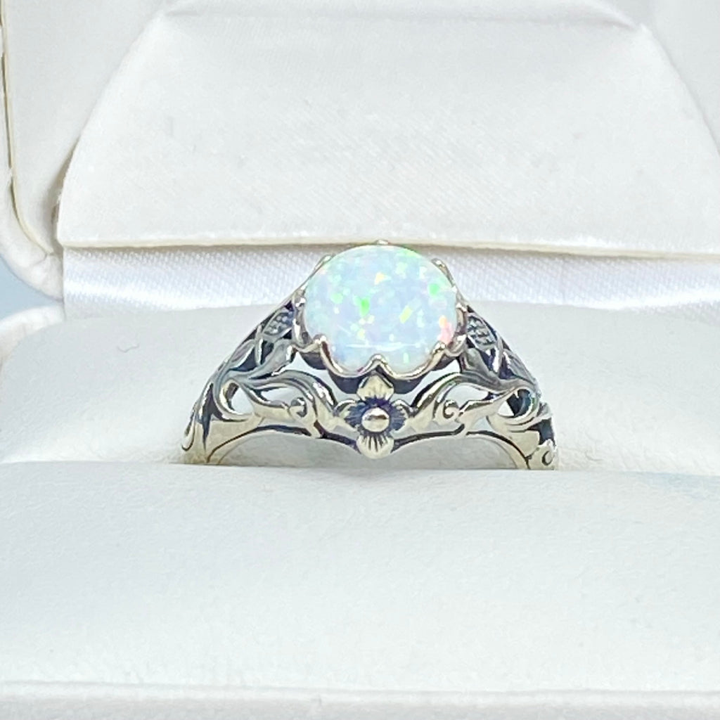 Opal ring, sterling silver floral filigree, daisy design #D66