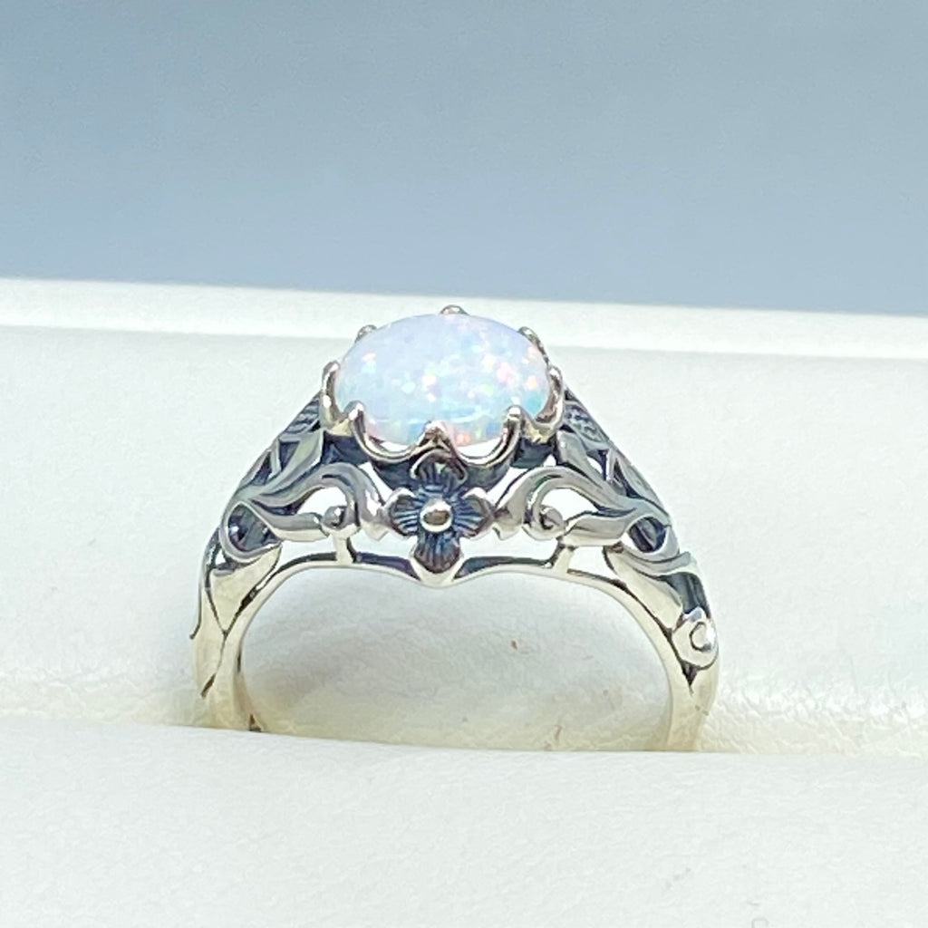 Opal ring, sterling silver floral filigree, daisy design #D66