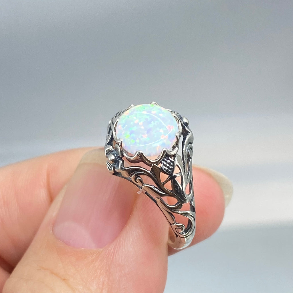 Opal ring, sterling silver floral filigree, daisy design #D66