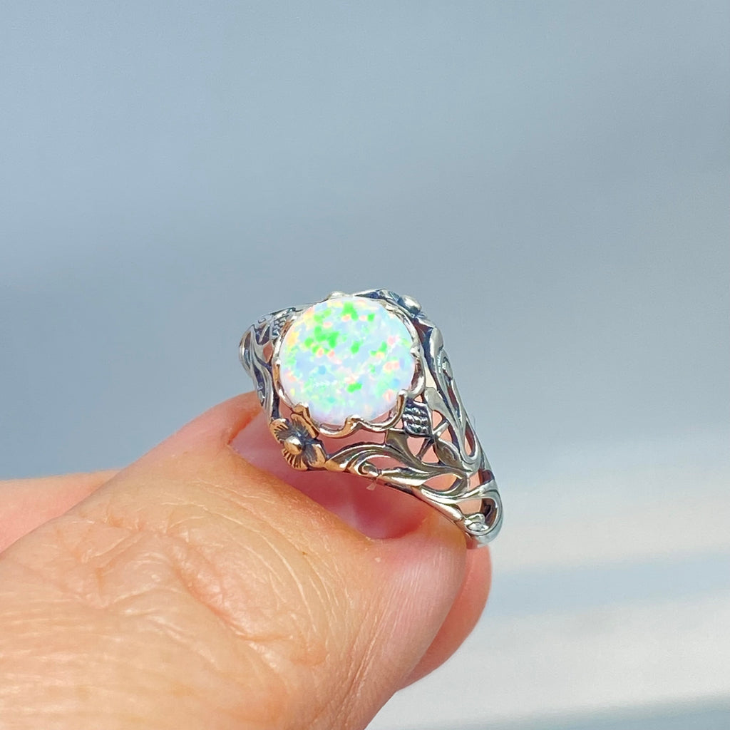 Opal ring, sterling silver floral filigree, daisy design #D66