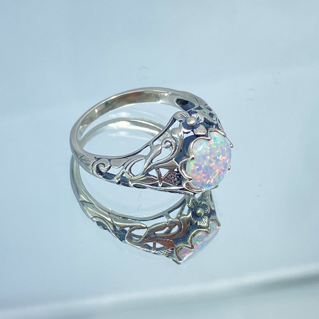 Opal ring, sterling silver floral filigree, daisy design #D66