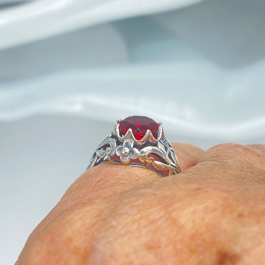 Ruby Ring, sterling silver floral filigree, daisy design #D66 Silver embrace jewelry