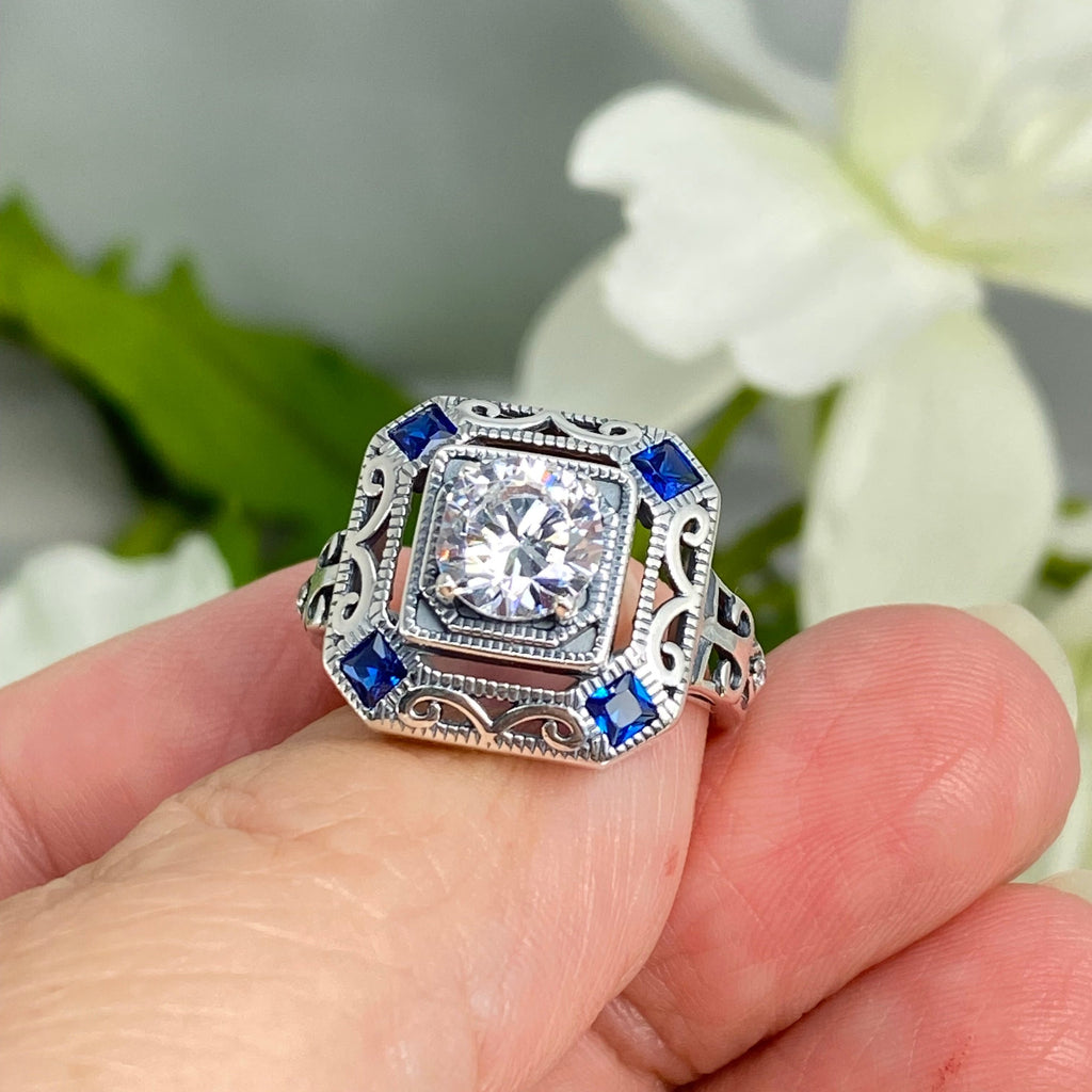 White CZ and Blue Sapphire Ring, art deco style ring with a white CZ center stone and 4 deep blue gems in each corner of the octagonal filigree, Sterling Silver Filigree, Silver Embrace Jewelry, D68 CDeco 