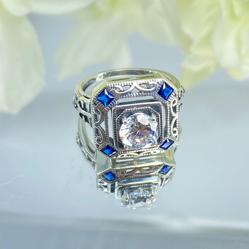 White CZ and Blue Sapphire Ring, art deco style ring with a white CZ center stone and 4 deep blue gems in each corner of the octagonal filigree, Sterling Silver Filigree, Silver Embrace Jewelry, D68 CDeco 