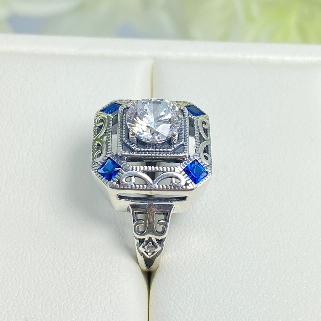 White CZ and Blue Sapphire Ring, art deco style ring with a white CZ center stone and 4 deep blue gems in each corner of the octagonal filigree, Sterling Silver Filigree, Silver Embrace Jewelry, D68 CDeco 