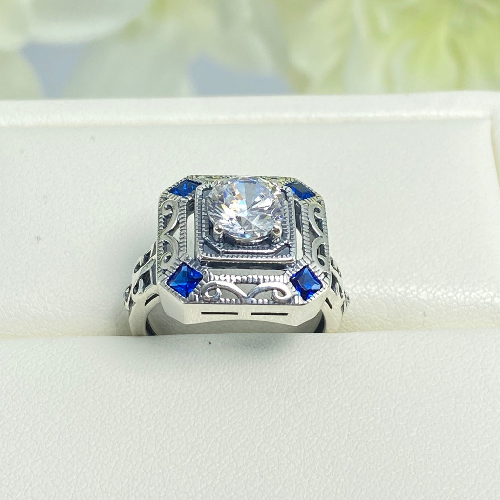 White CZ and Blue Sapphire Ring, art deco style ring with a white CZ center stone and 4 deep blue gems in each corner of the octagonal filigree, Sterling Silver Filigree, Silver Embrace Jewelry, D68 CDeco 