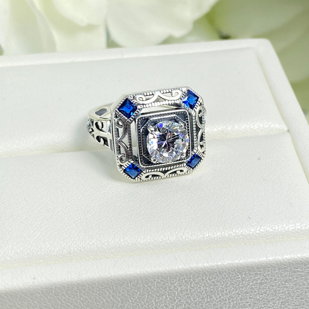 White CZ and Blue Sapphire Ring, art deco style ring with a white CZ center stone and 4 deep blue gems in each corner of the octagonal filigree, Sterling Silver Filigree, Silver Embrace Jewelry, D68 CDeco 