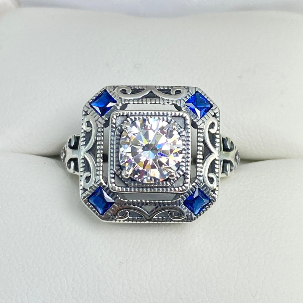 White CZ and Blue Sapphire Ring, art deco style ring with a white CZ center stone and 4 deep blue gems in each corner of the octagonal filigree, Sterling Silver Filigree, Silver Embrace Jewelry, D68 CDeco 