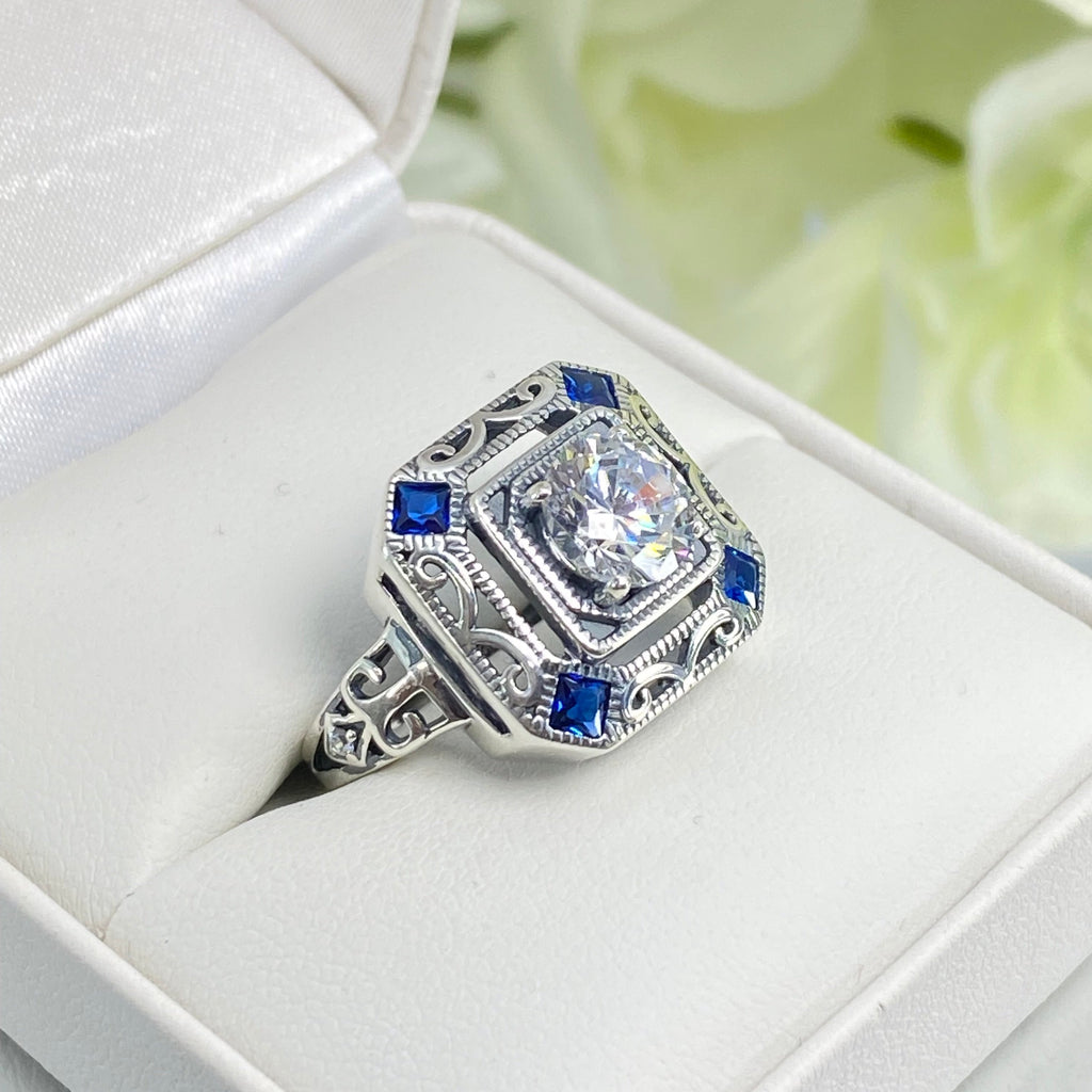 White CZ and Blue Sapphire Ring, art deco style ring with a white CZ center stone and 4 deep blue gems in each corner of the octagonal filigree, Sterling Silver Filigree, Silver Embrace Jewelry, D68 CDeco 