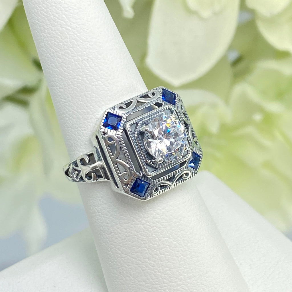 White CZ and Blue Sapphire Ring, art deco style ring with a white CZ center stone and 4 deep blue gems in each corner of the octagonal filigree, Sterling Silver Filigree, Silver Embrace Jewelry, D68 CDeco 