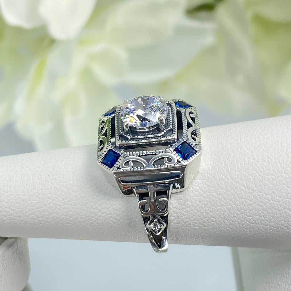 White CZ and Blue Sapphire Ring, art deco style ring with a white CZ center stone and 4 deep blue gems in each corner of the octagonal filigree, Sterling Silver Filigree, Silver Embrace Jewelry, D68 CDeco 