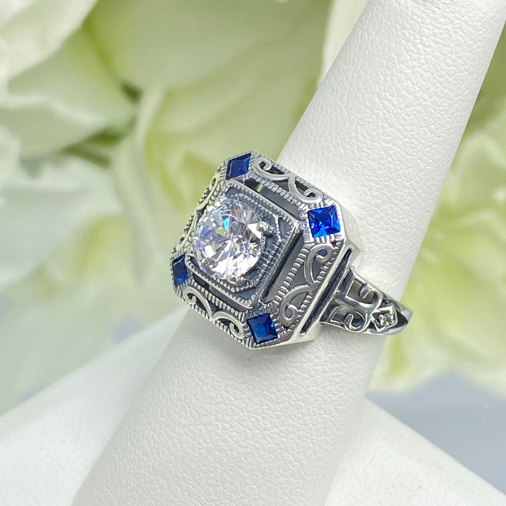 White CZ and Blue Sapphire Ring, art deco style ring with a white CZ center stone and 4 deep blue gems in each corner of the octagonal filigree, Sterling Silver Filigree, Silver Embrace Jewelry, D68 CDeco 