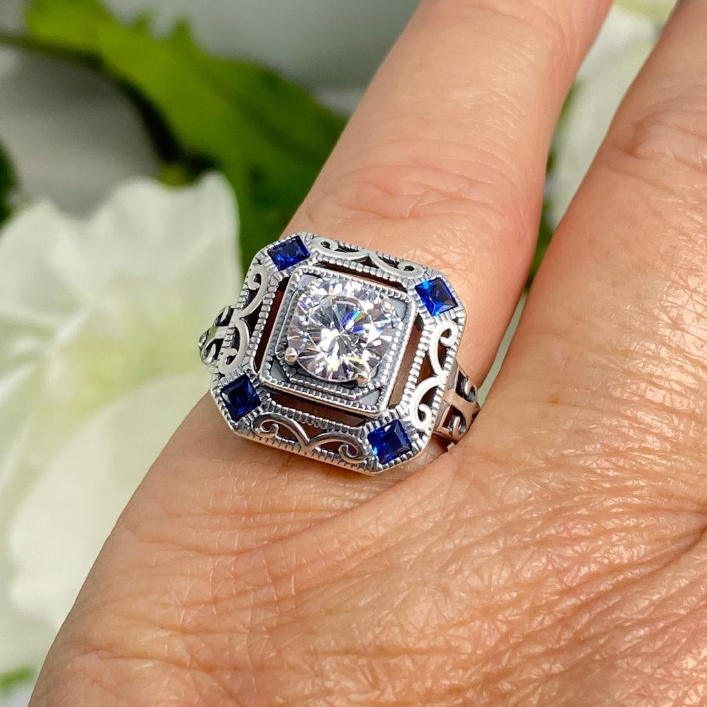 White CZ and Blue Sapphire Ring, art deco style ring with a white CZ center stone and 4 deep blue gems in each corner of the octagonal filigree, Sterling Silver Filigree, Silver Embrace Jewelry, D68 CDeco 