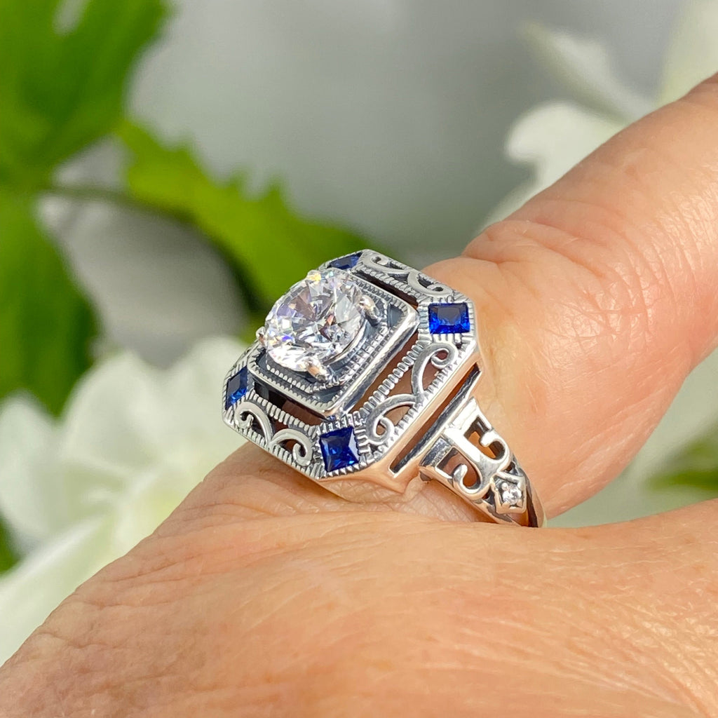 White CZ and Blue Sapphire Ring, art deco style ring with a white CZ center stone and 4 deep blue gems in each corner of the octagonal filigree, Sterling Silver Filigree, Silver Embrace Jewelry, D68 CDeco 