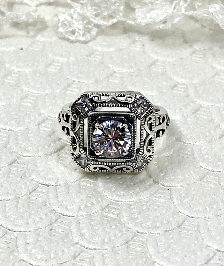 art deco style ring with a white CZ, faux diamond center stone and 4 faux diamond gems in each corner of the octagonal filigree, Sterling Silver Filigree, Silver Embrace Jewelry, D68, Ring