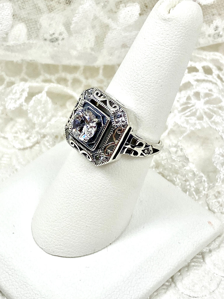 art deco style ring with a white CZ, faux diamond center stone and 4 faux diamond gems in each corner of the octagonal filigree, Sterling Silver Filigree, Silver Embrace Jewelry, D68, Ring