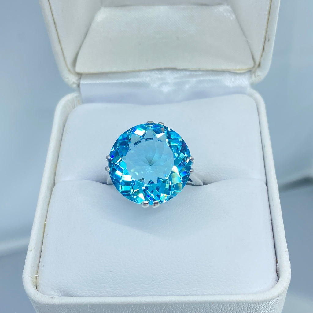Aquamarine Ring, Fleur de Lis Ring - Vintage Jewelry D7 | Silver Embrace Jewelry, Stunning Art Nouveau/Victorian era-inspired ring from Silver Embrace features a 12ct man-made sky-blue aquamarine stone, hallmarked 925 sterling silver band and intricate filigree setting with fleur de lis designs