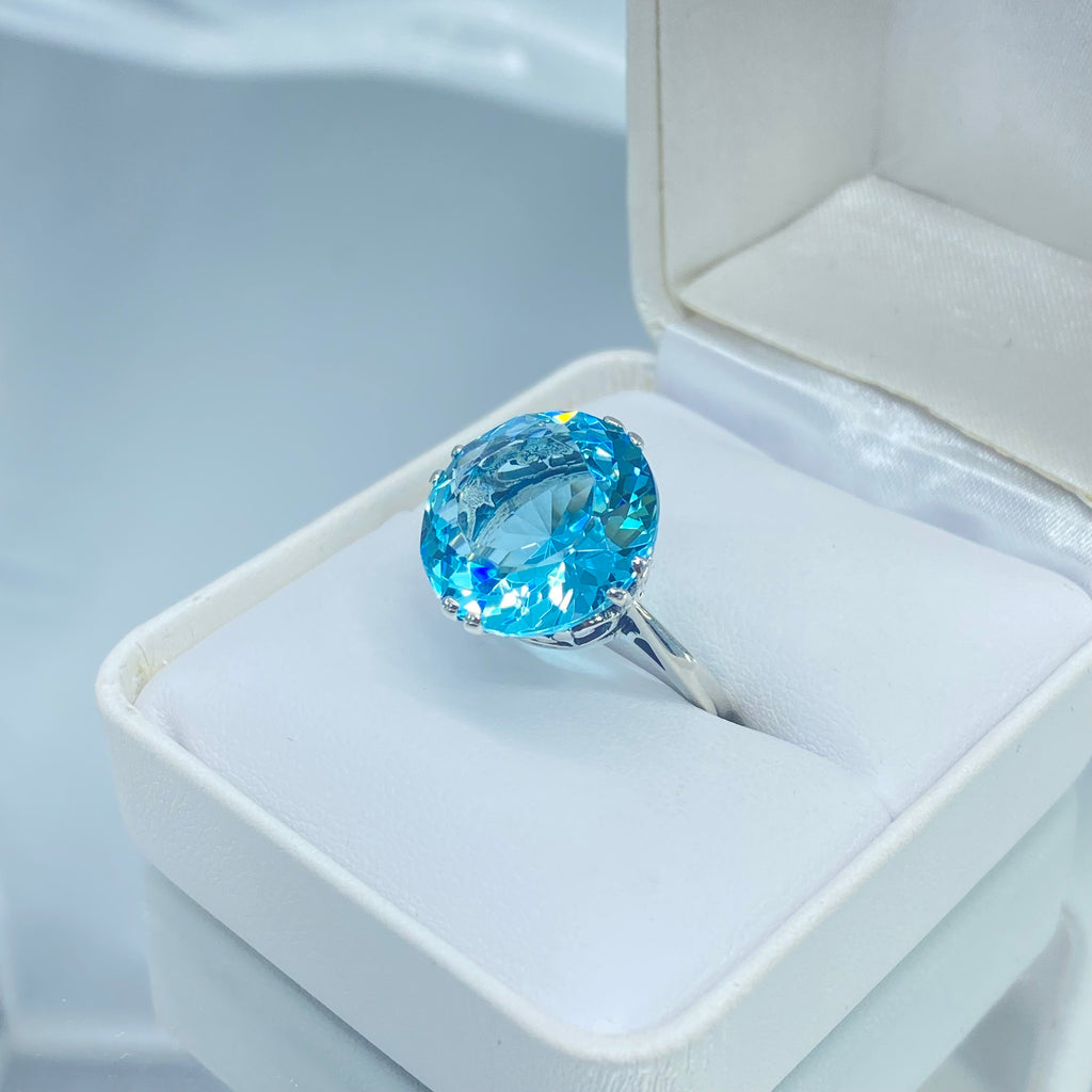 Aquamarine Ring, Fleur de Lis Ring - Vintage Jewelry D7 | Silver Embrace Jewelry, Stunning Art Nouveau/Victorian era-inspired ring from Silver Embrace features a 12ct man-made sky-blue aquamarine stone, hallmarked 925 sterling silver band and intricate filigree setting with fleur de lis designs