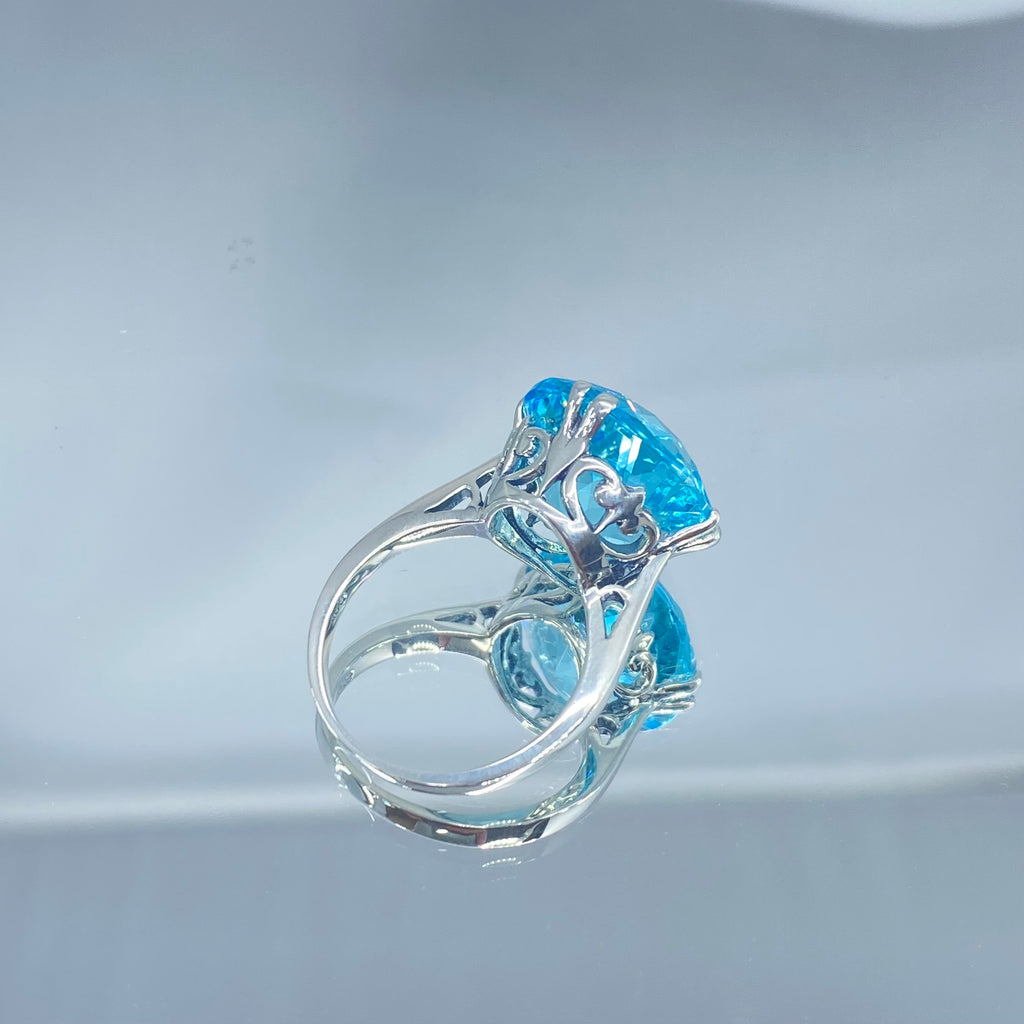 Aquamarine Ring, Fleur de Lis Ring - Vintage Jewelry D7 | Silver Embrace Jewelry, Stunning Art Nouveau/Victorian era-inspired ring from Silver Embrace features a 12ct man-made sky-blue aquamarine stone, hallmarked 925 sterling silver band and intricate filigree setting with fleur de lis designs