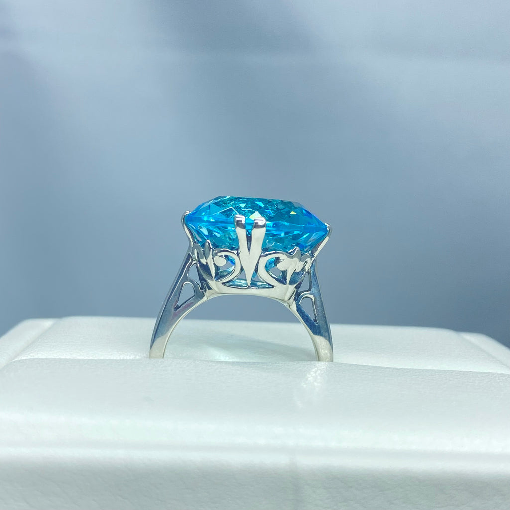 Aquamarine Ring, Fleur de Lis Ring - Vintage Jewelry D7 | Silver Embrace Jewelry, Stunning Art Nouveau/Victorian era-inspired ring from Silver Embrace features a 12ct man-made sky-blue aquamarine stone, hallmarked 925 sterling silver band and intricate filigree setting with fleur de lis designs