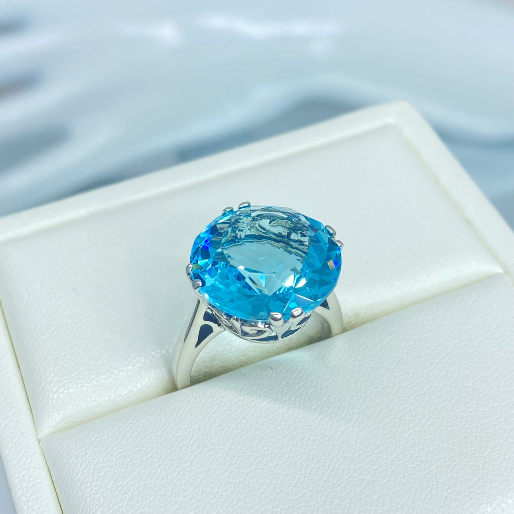Aquamarine Ring, Fleur de Lis Ring - Vintage Jewelry D7 | Silver Embrace Jewelry, Stunning Art Nouveau/Victorian era-inspired ring from Silver Embrace features a 12ct man-made sky-blue aquamarine stone, hallmarked 925 sterling silver band and intricate filigree setting with fleur de lis designs