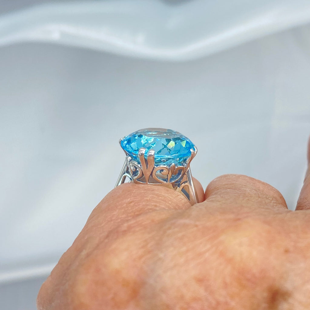 Aquamarine Ring, Fleur de Lis Ring - Vintage Jewelry D7 | Silver Embrace Jewelry, Stunning Art Nouveau/Victorian era-inspired ring from Silver Embrace features a 12ct man-made sky-blue aquamarine stone, hallmarked 925 sterling silver band and intricate filigree setting with fleur de lis designs