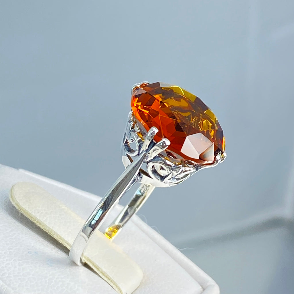 Orange Citrine Ring, Fleur de Lis Ring - Vintage Jewelry D7 | Silver Embrace Jewelry, Stunning Art Nouveau/Victorian era-inspired ring from Silver Embrace features a 12ct man-made cognac citrine stone, hallmarked 925 sterling silver band and intricate filigree setting with fleur de lis designs.