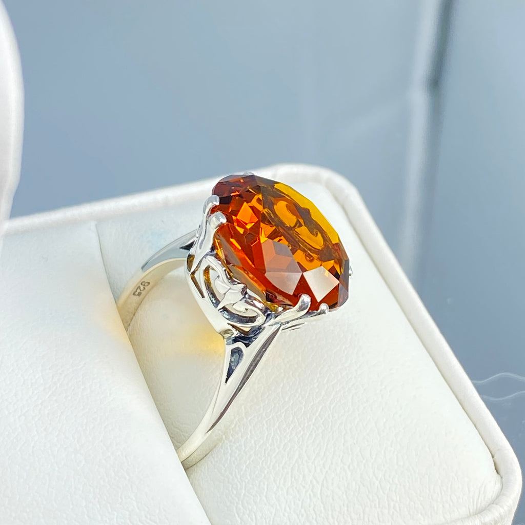 Orange Citrine Ring, Fleur de Lis Ring - Vintage Jewelry D7 | Silver Embrace Jewelry, Stunning Art Nouveau/Victorian era-inspired ring from Silver Embrace features a 12ct man-made cognac citrine stone, hallmarked 925 sterling silver band and intricate filigree setting with fleur de lis designs.