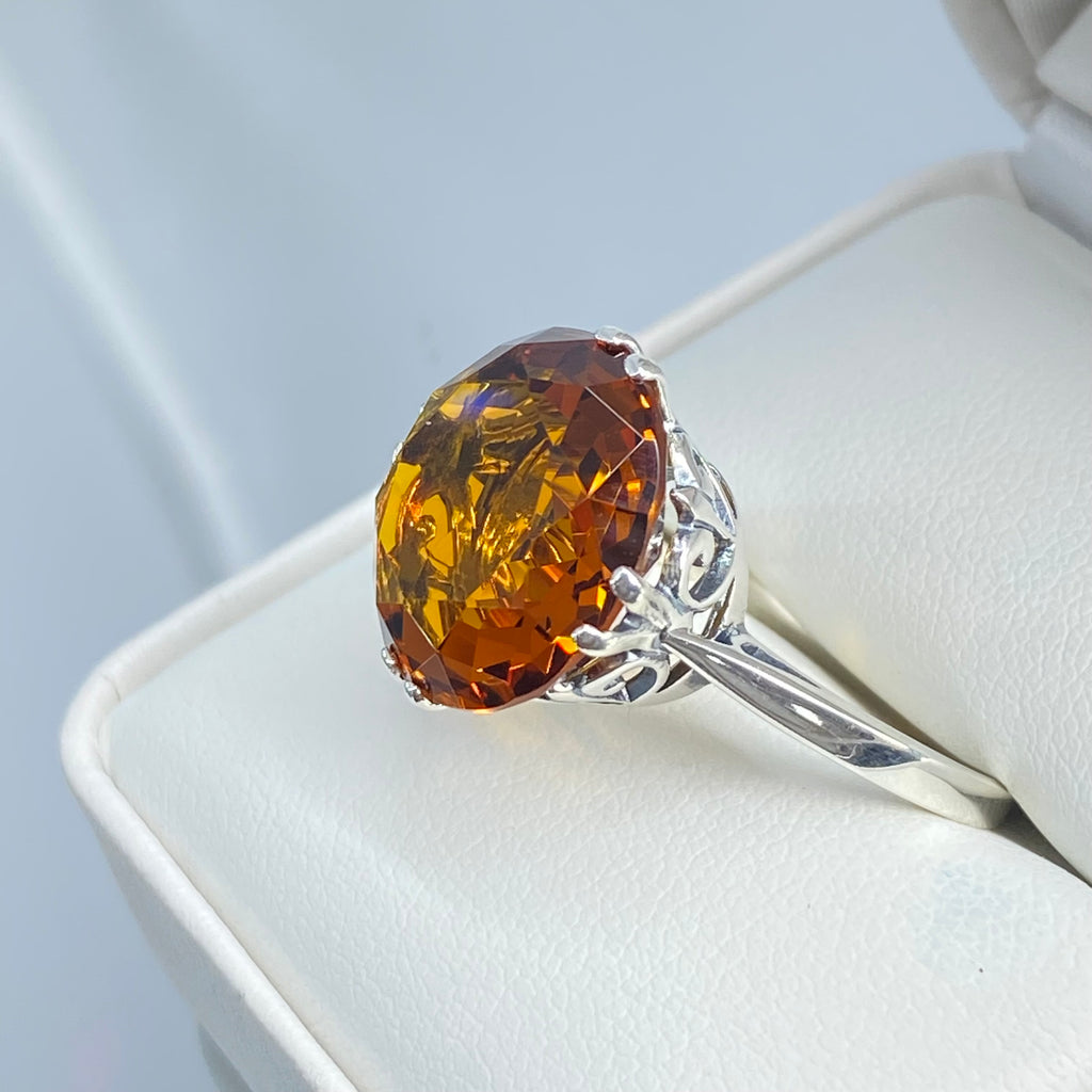 Orange Citrine Ring, Fleur de Lis Ring - Vintage Jewelry D7 | Silver Embrace Jewelry, Stunning Art Nouveau/Victorian era-inspired ring from Silver Embrace features a 12ct man-made cognac citrine stone, hallmarked 925 sterling silver band and intricate filigree setting with fleur de lis designs.