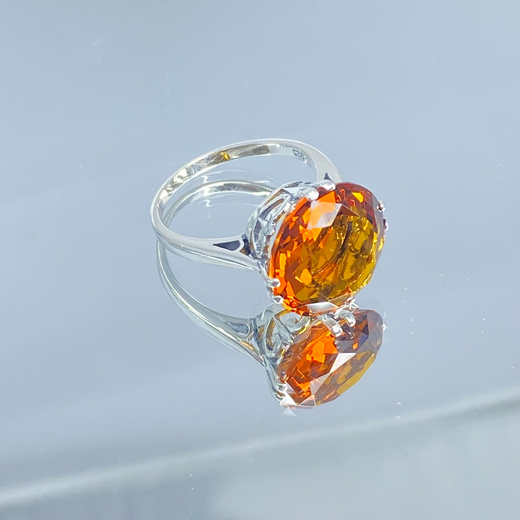 Orange Citrine Ring, Fleur de Lis Ring - Vintage Jewelry D7 | Silver Embrace Jewelry, Stunning Art Nouveau/Victorian era-inspired ring from Silver Embrace features a 12ct man-made cognac citrine stone, hallmarked 925 sterling silver band and intricate filigree setting with fleur de lis designs.