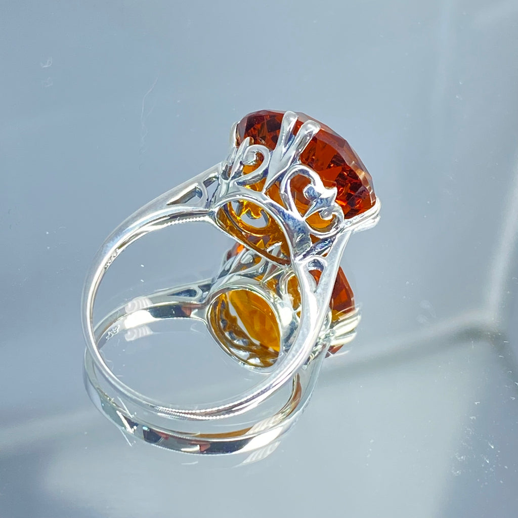 Orange Citrine Ring, Fleur de Lis Ring - Vintage Jewelry D7 | Silver Embrace Jewelry, Stunning Art Nouveau/Victorian era-inspired ring from Silver Embrace features a 12ct man-made cognac citrine stone, hallmarked 925 sterling silver band and intricate filigree setting with fleur de lis designs.