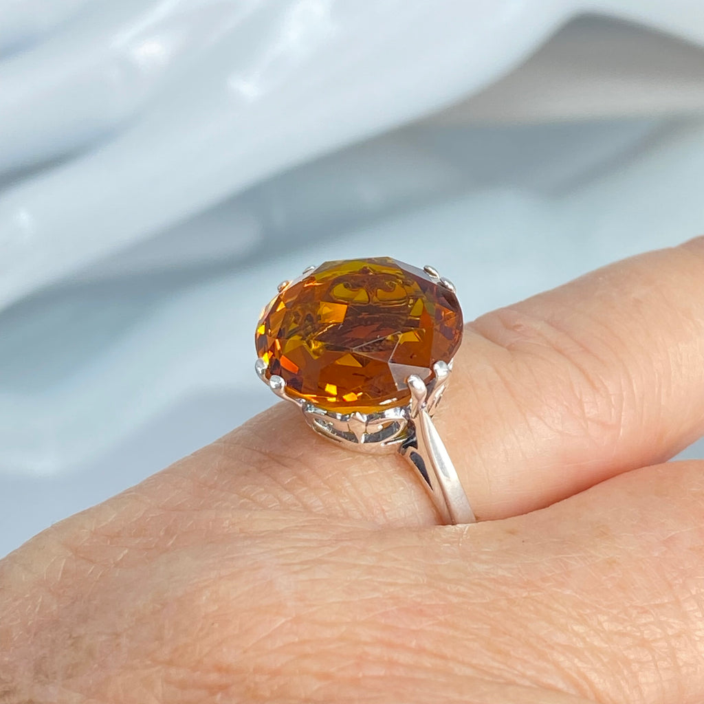 Orange Citrine Ring, Fleur de Lis Ring - Vintage Jewelry D7 | Silver Embrace Jewelry, Stunning Art Nouveau/Victorian era-inspired ring from Silver Embrace features a 12ct man-made cognac citrine stone, hallmarked 925 sterling silver band and intricate filigree setting with fleur de lis designs.