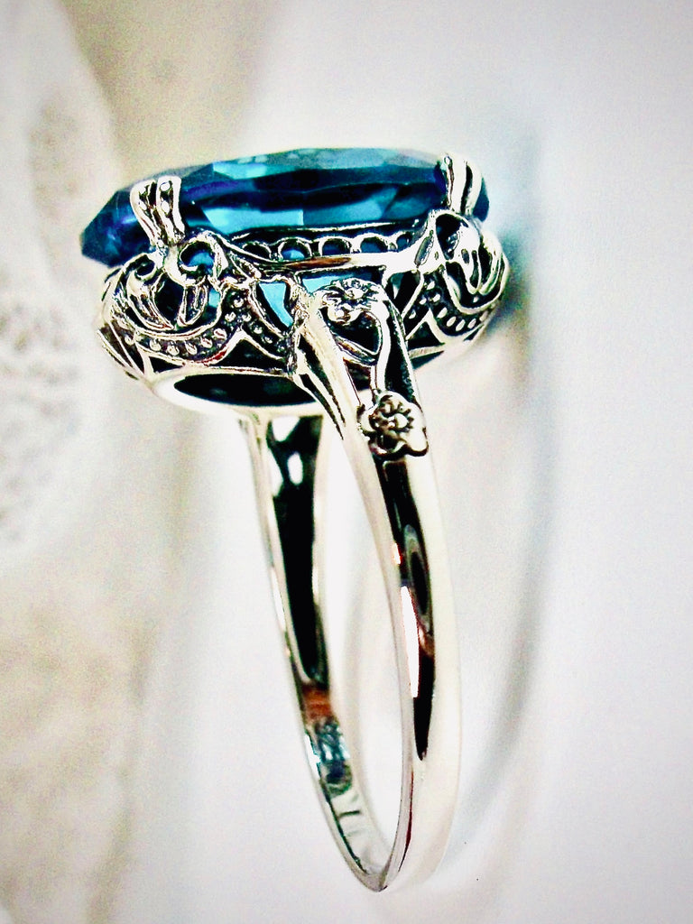 Aquamarine CZ Ring, Edward Ring, Oval Blue Cubic Zirconia gemstone, Sterling silver Edwardian Filigree, Sterling Silver Jewelry, Silver Embrace Jewelry, D70