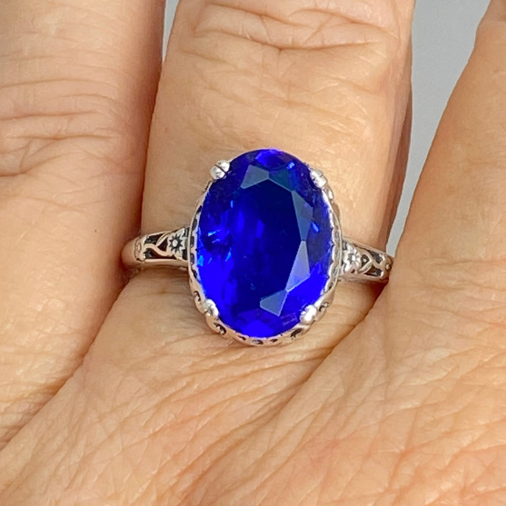 Blue Sapphire Ring, Sapphire Blue simulated oval faceted gemstone, sterling silver floral filigree, Edward design #D70, Silver Embrace Jewelry