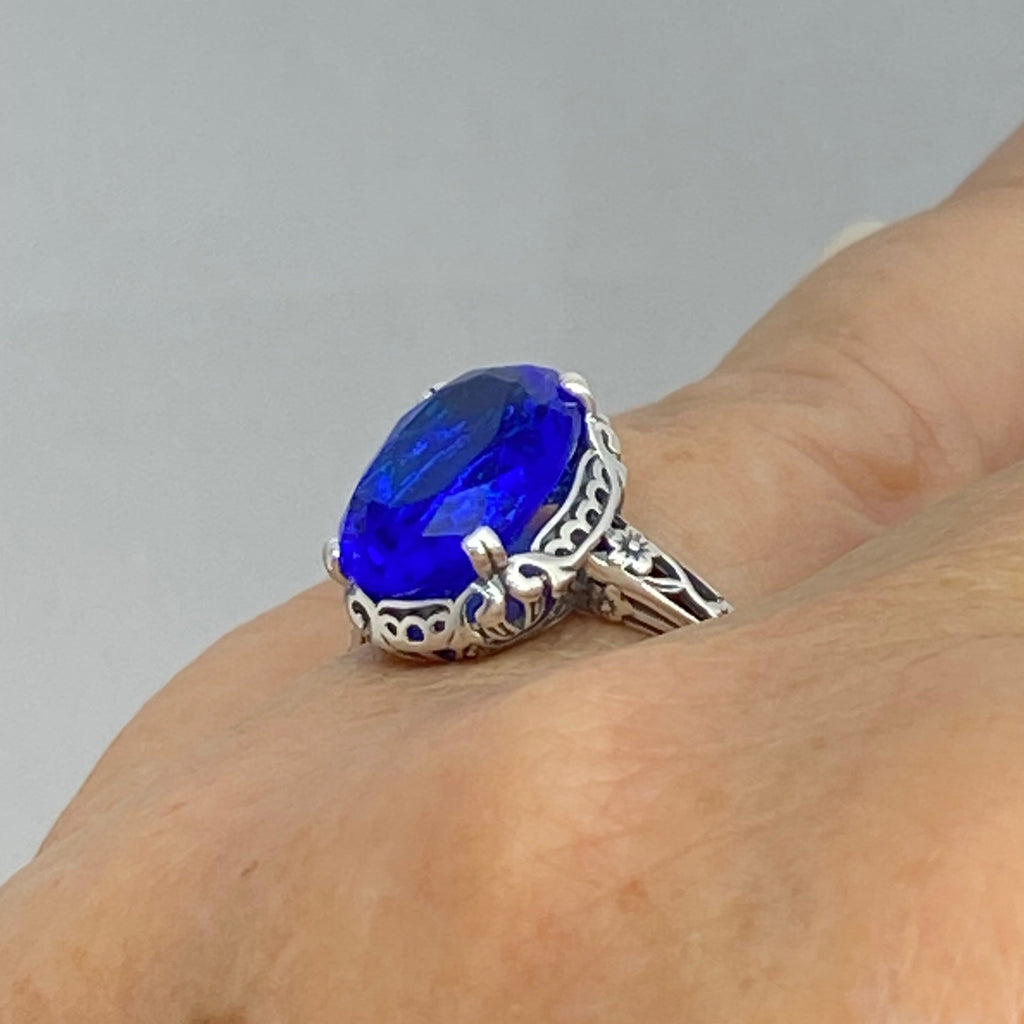 Blue Sapphire Ring, Sapphire Blue simulated oval faceted gemstone, sterling silver floral filigree, Edward design #D70, Silver Embrace Jewelry