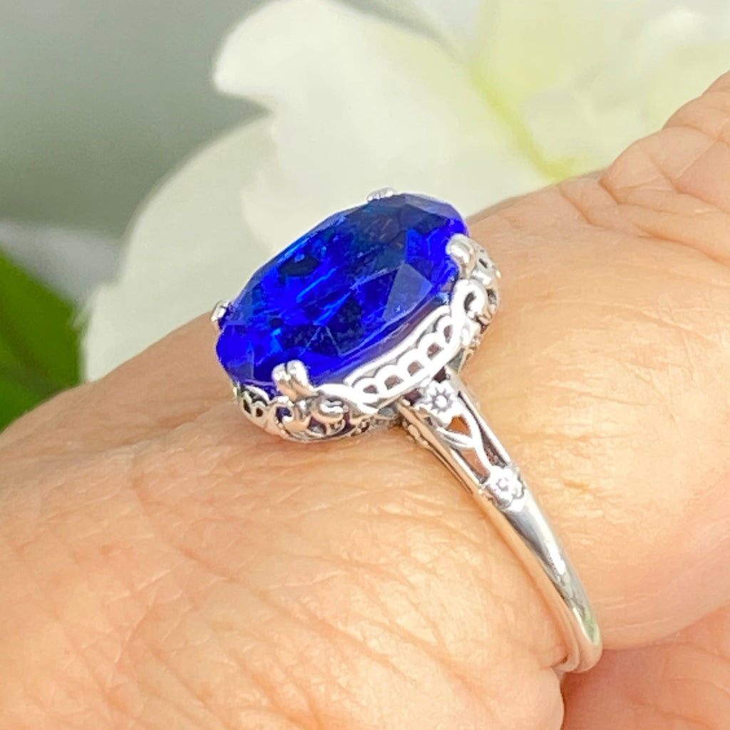 Blue Sapphire Ring, Sapphire Blue simulated oval faceted gemstone, sterling silver floral filigree, Edward design #D70, Silver Embrace Jewelry