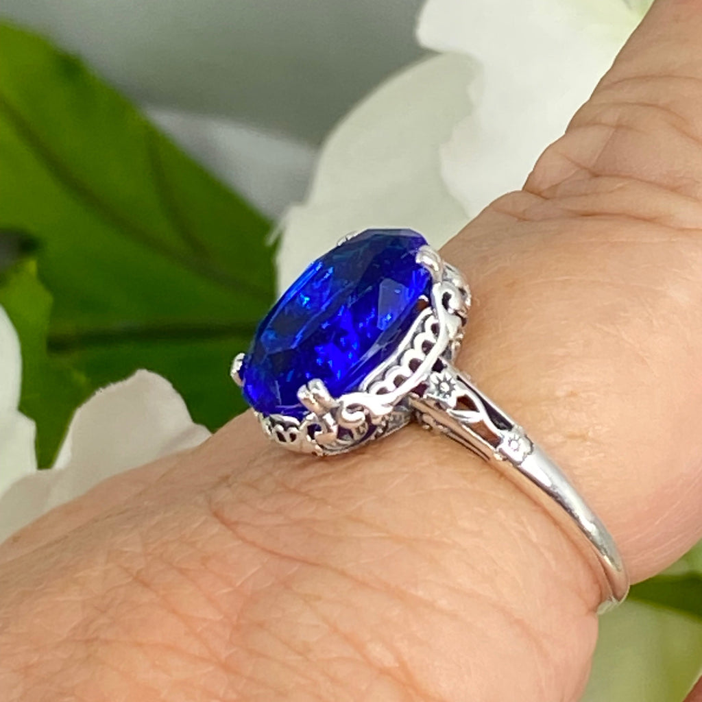 Blue Sapphire Ring, Sapphire Blue simulated oval faceted gemstone, sterling silver floral filigree, Edward design #D70, Silver Embrace Jewelry