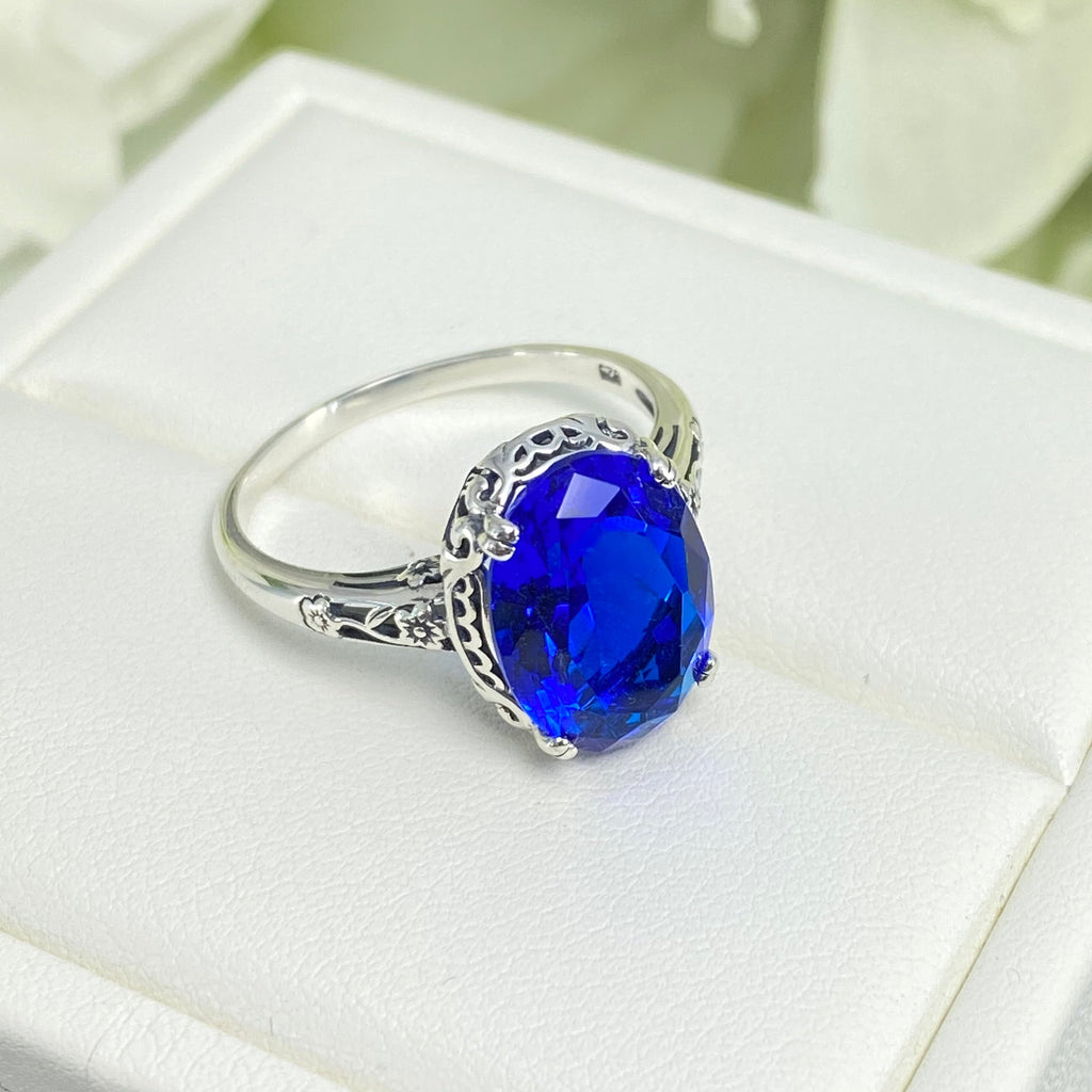 Blue Sapphire Ring, Sapphire Blue simulated oval faceted gemstone, sterling silver floral filigree, Edward design #D70, Silver Embrace Jewelry