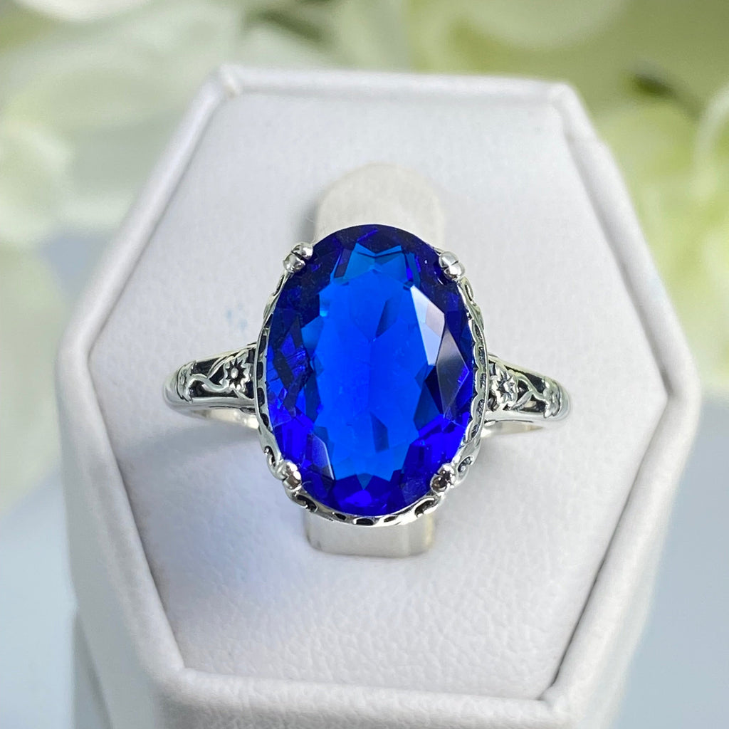 Blue Sapphire Ring, Sapphire Blue simulated oval faceted gemstone, sterling silver floral filigree, Edward design #D70, Silver Embrace Jewelry