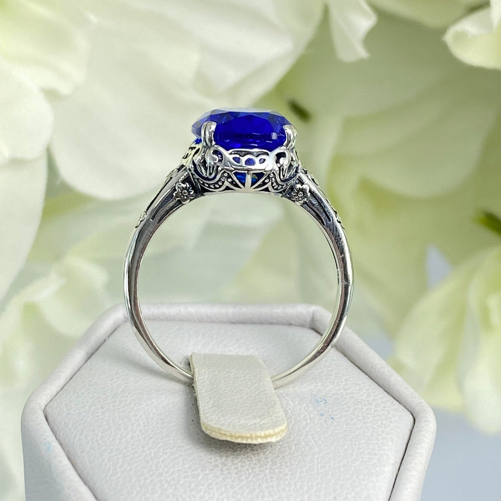 Blue Sapphire Ring, Sapphire Blue simulated oval faceted gemstone, sterling silver floral filigree, Edward design #D70, Silver Embrace Jewelry