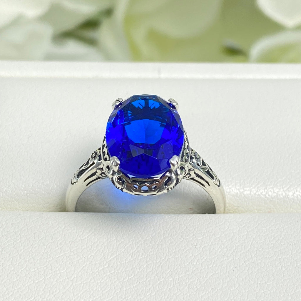 Blue Sapphire Ring, Sapphire Blue simulated oval faceted gemstone, sterling silver floral filigree, Edward design #D70, Silver Embrace Jewelry