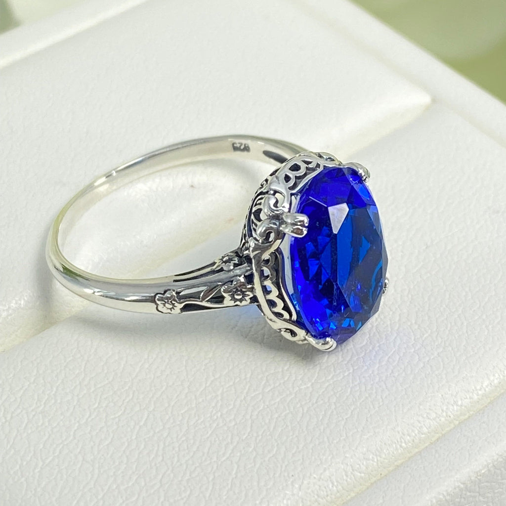 Blue Sapphire Ring, Sapphire Blue simulated oval faceted gemstone, sterling silver floral filigree, Edward design #D70, Silver Embrace Jewelry