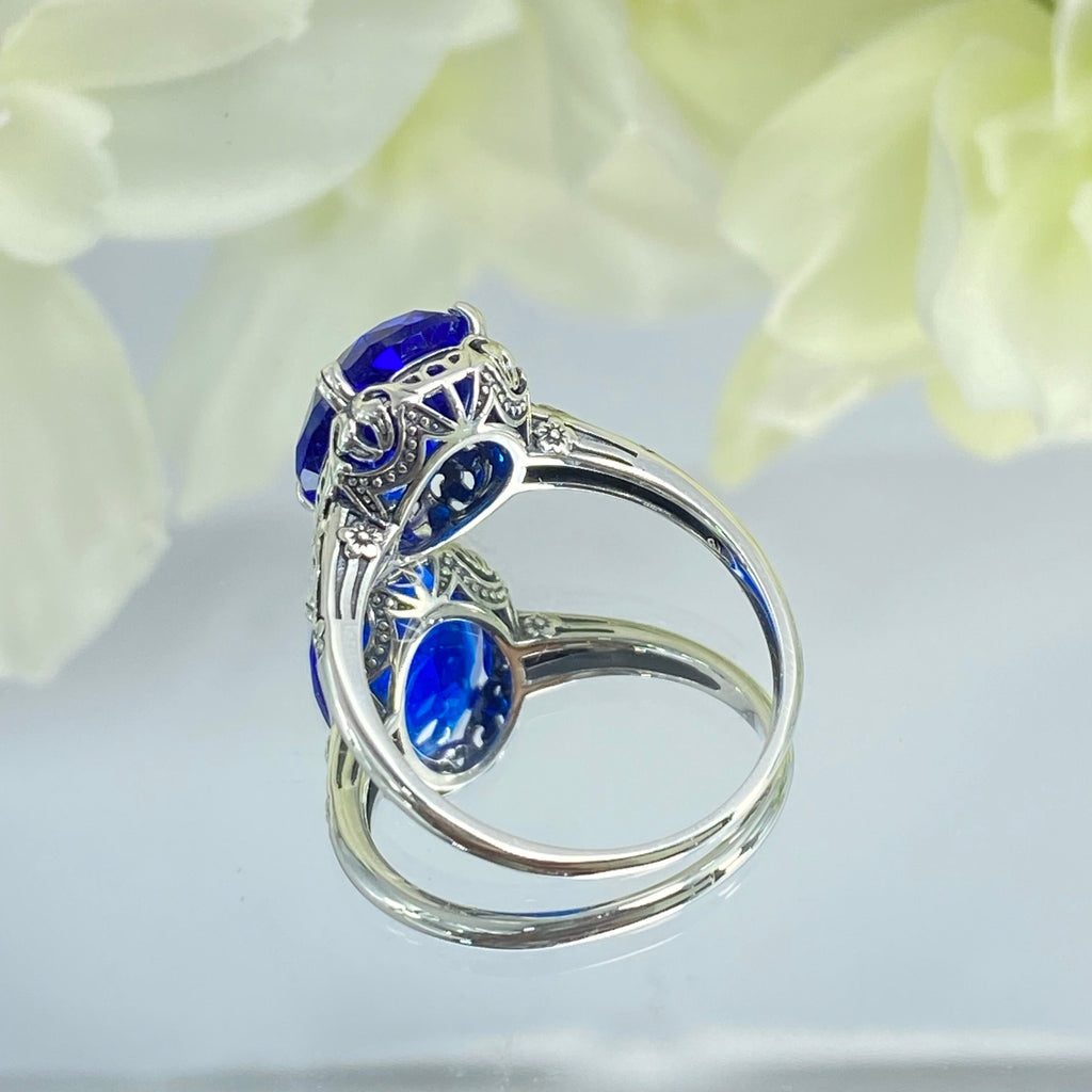 Blue Sapphire Ring, Sapphire Blue simulated oval faceted gemstone, sterling silver floral filigree, Edward design #D70, Silver Embrace Jewelry